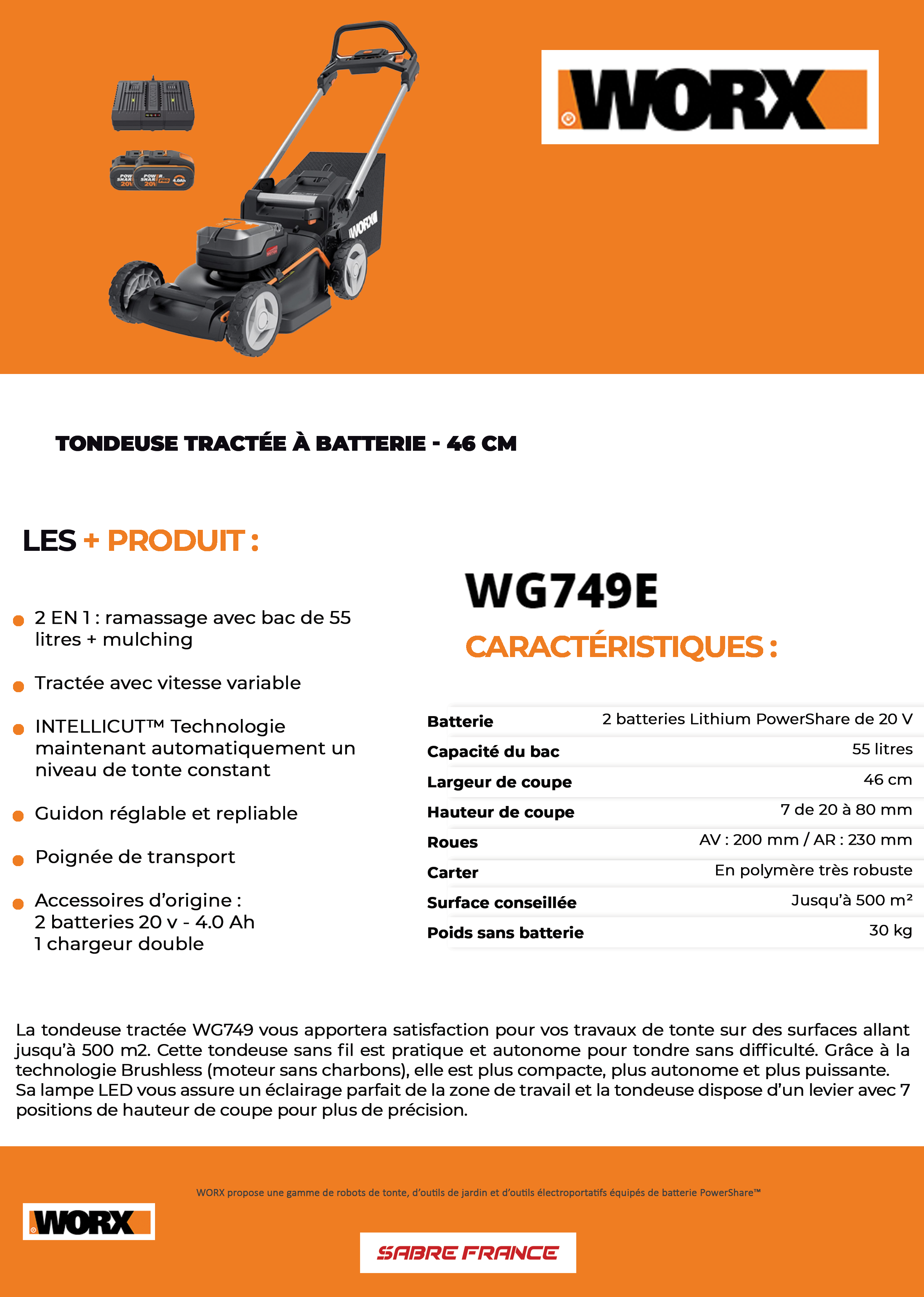 Tondeuse tract e WG749E 46 cm Worx